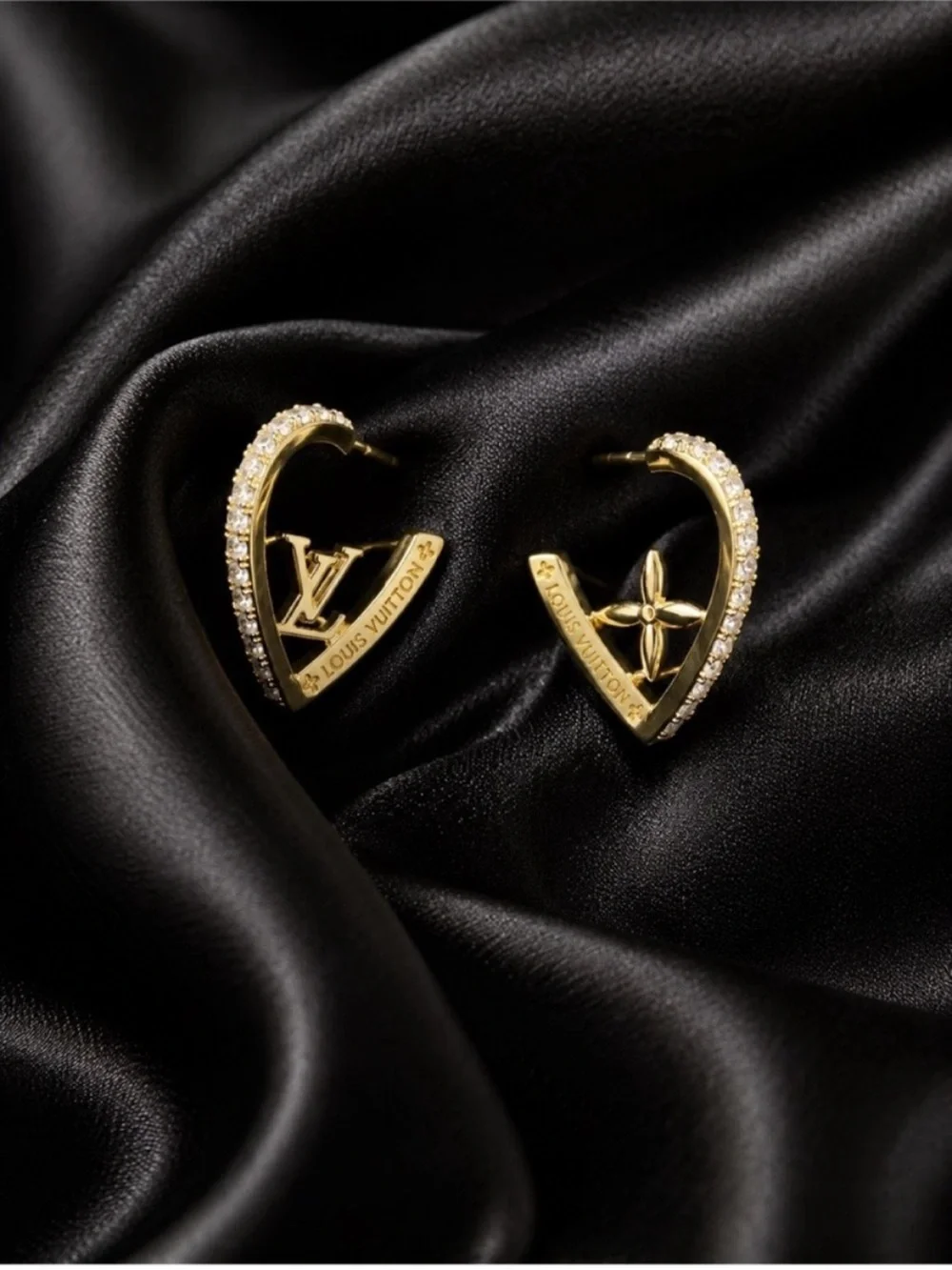 Gold Crystal Heart Hoop Earrings with Monogram Flower